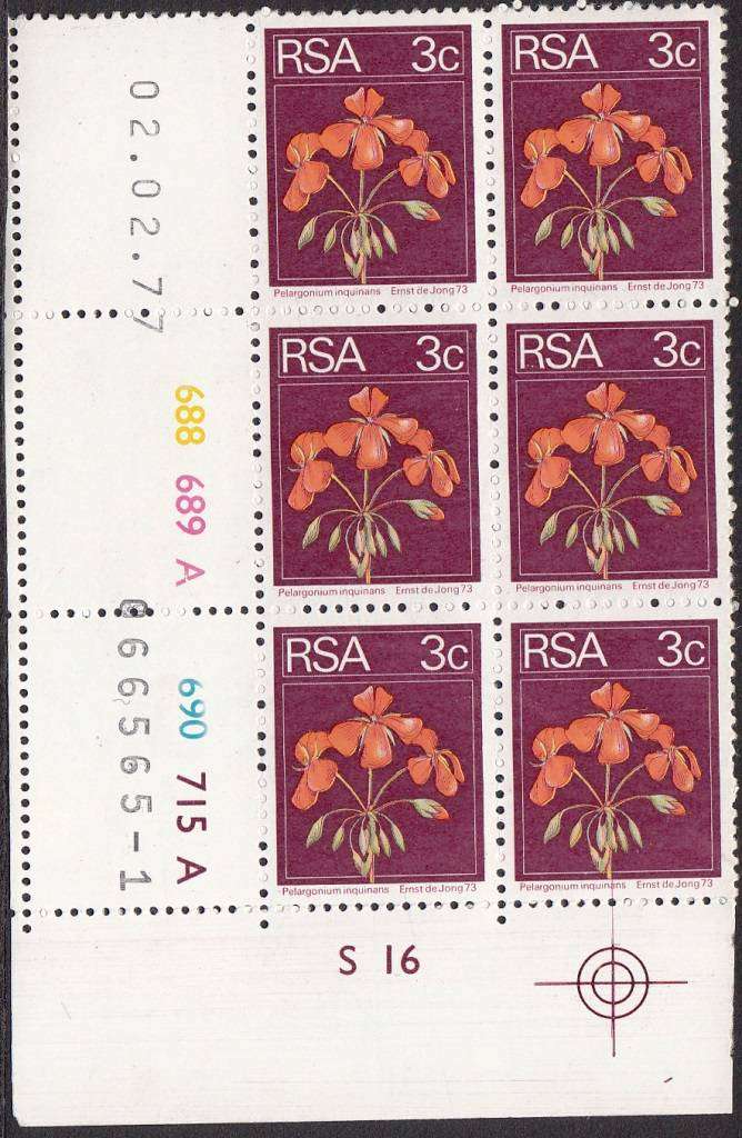 RSA 1976: 2nd DEFINITIVE ISSUE 3c CONTROL BLOCK OF 6 PANE A (02.02.77) MNH (SACC 361)