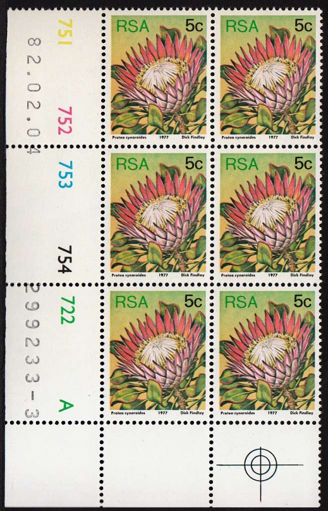RSA 1977 3rd DEF. ISSUE 5c CONTROL BLOCK OF 6 PANES A + B (4-2-1982) MNH (SACC 422a) PERF BOTTOM