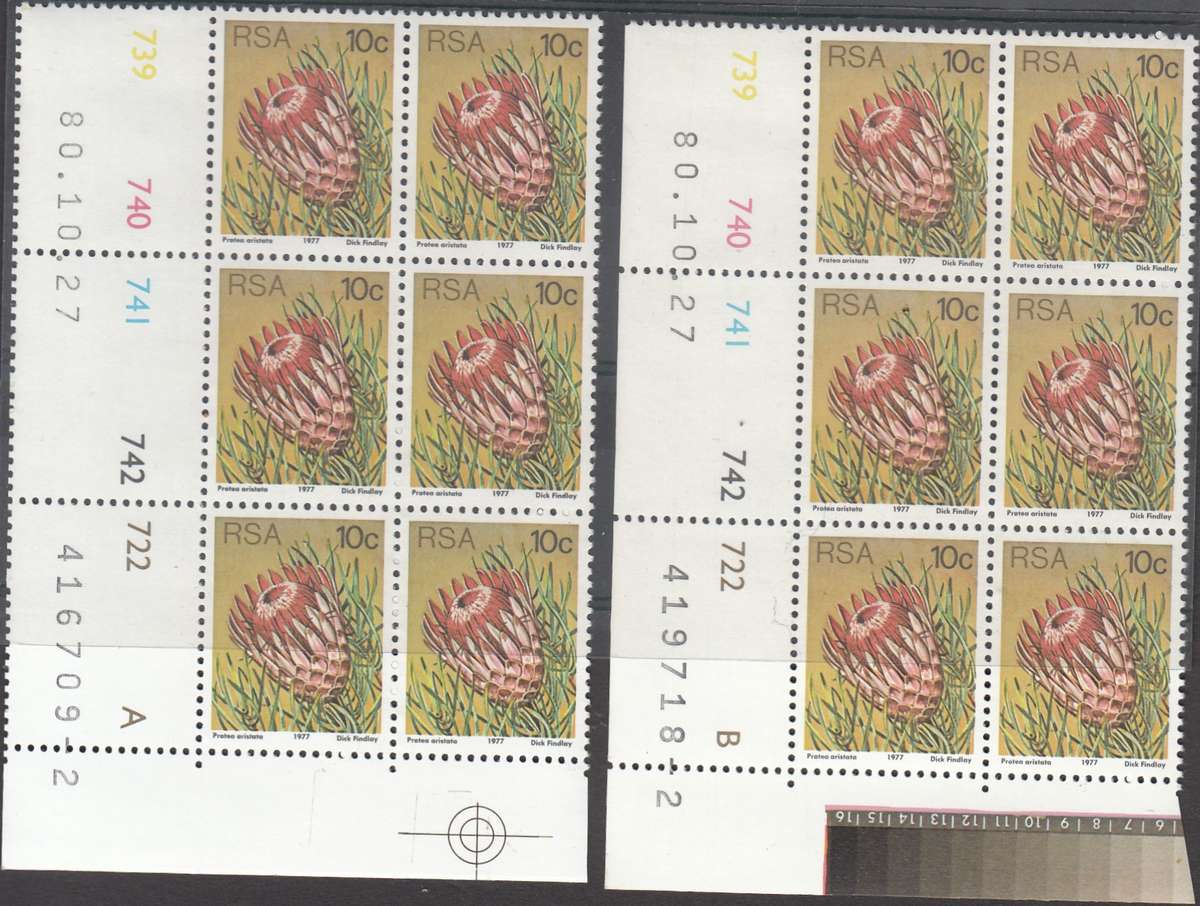 RSA 1982 3rd DEFINITIVE ISSUE 10c MNH CONTROL BLOCKS OF 6 PANES A+B DATED 27/10/1982 (SACC427)