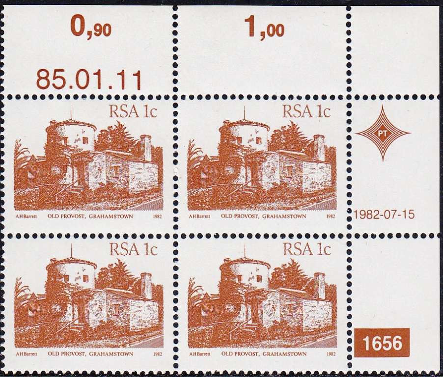 RSA 1982 4th DEFINITIVE ISSUE 1c CONTROL BLOCK OF 4 PLATE 1656 MNH (SACC 515a)