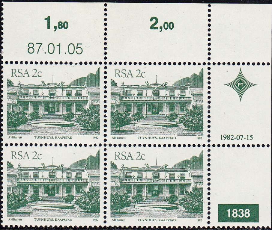 RSA 1987: 4th DEFINITIVE ISSUE 2c CONTROL BLOCK PLATE 1838 MNH (SACC 516d)