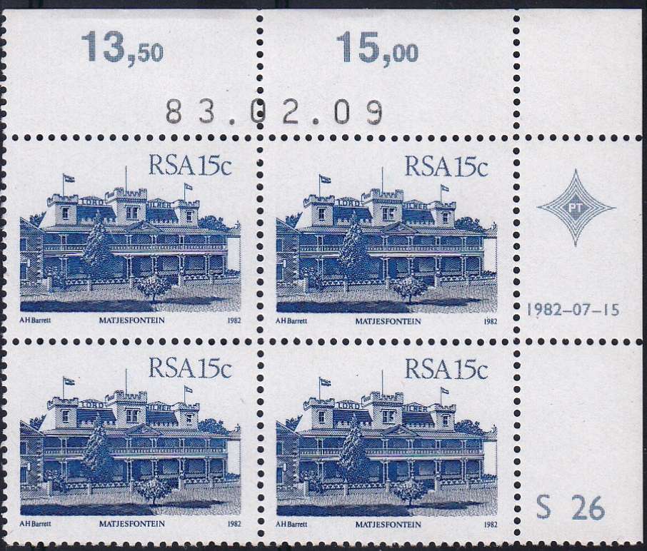 RSA 1983 4th DEFINITIVE ISSUE 15c CONTROL BLOCK OF 4 PLATE NO S26 MNH (SACC 525a)