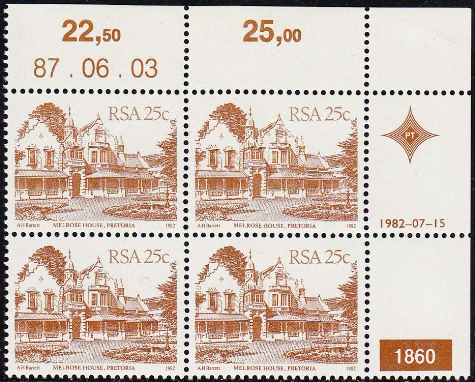 RSA 1987 4th DEFINITIVE ISSUE 25c CONTROL BLOCK OF 4 PLATE NO 1860 MNH (SACC 527)