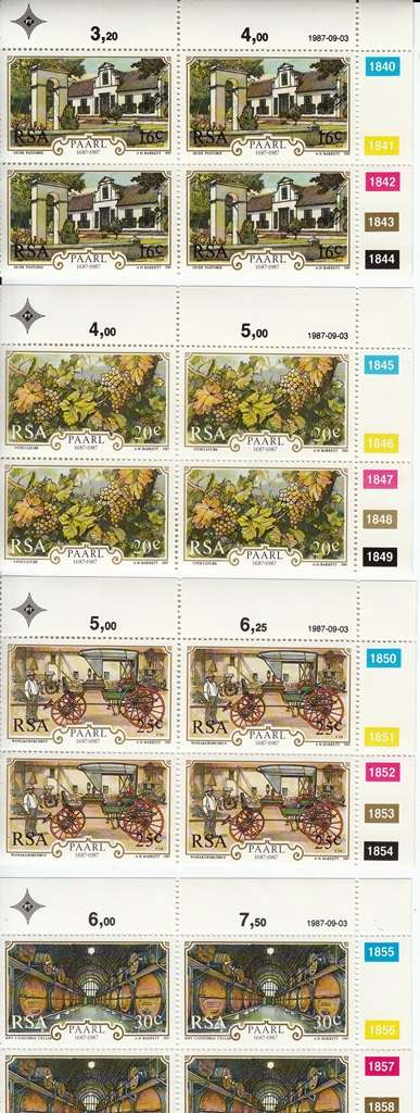 RSA 1987: 300th ANNIVERSARY OF PAARL FULL SET CONTROL BLOCKS OF 4 MNH (SACC 629-632)