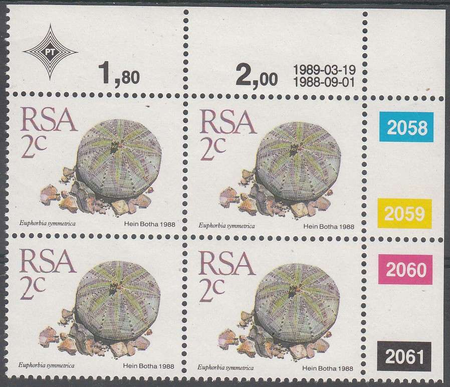 RSA 1989: 5th DEFINITIVE ISSUE SUCCULENTS 2c CONTROL BLOCK OF 4 (19-3-1989) MNH (SACC 669)