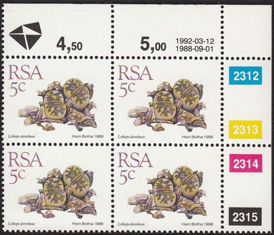 RSA 1992: 5th DEFINITIVE ISSUE SUCCULENTS 5C CONTROL BLOCK (12-3-1992) MNH (SACC 670)