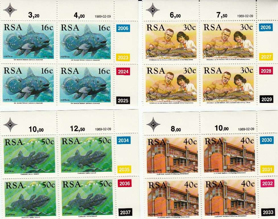 RSA 1989 IDENTIFICATION OF THE COELIACANTH FULL SET CONTROL BLOCKS MNH (SACC 691-694)