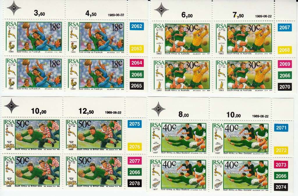 RSA 1989: CENTENARY OF THE SA RUGBY BOARD FULL SET CONTROL BLOCKS MNH (SACC 759-761)