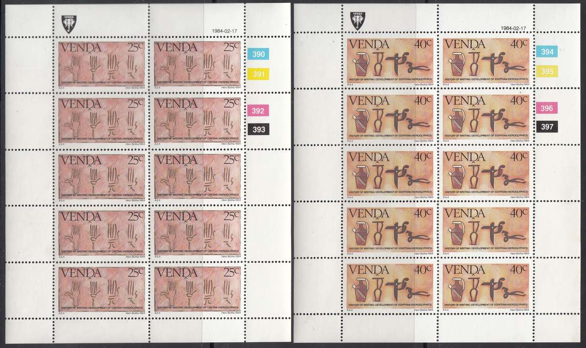 VENDA 19884: HISTORY OF WRITING (3rd) FULL SET OF SHEETS OF 10 MNH (SACC 87-90)