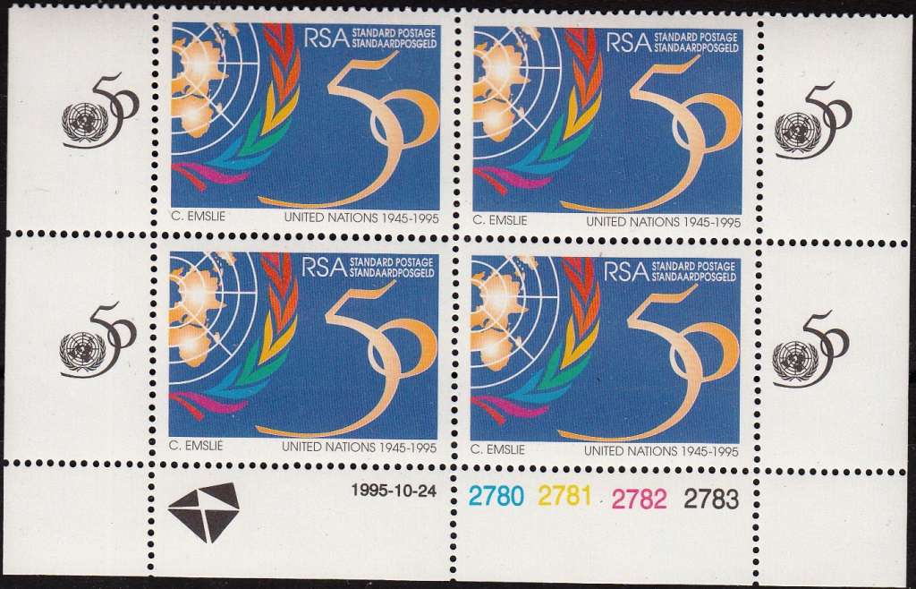 RSA  1995: 50th ANNIVERSARY OF UNITED NATIONS CONTROL BLOCK MNH (SACC 922)