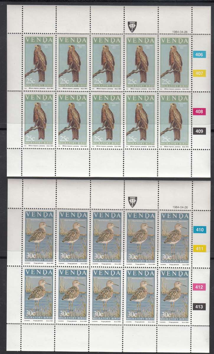 VENDA 1984: MIGRATORY BIRDS FULL SET OF SHEETS OF 10 MNH (SACC 92-95)