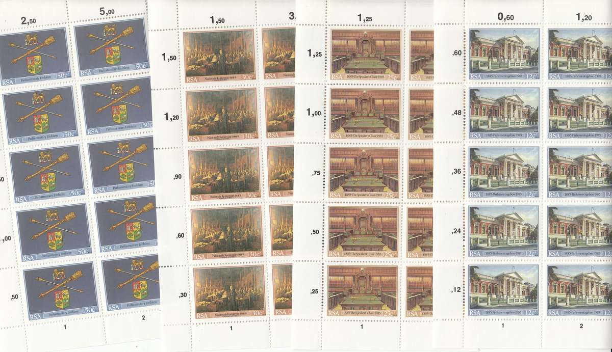 RSA 1985 INAUGURATION OF THE CAPE PARLIAMENT BUILDINGS FULL SET OF 4 SHEETS OF 10 MNH (SACC588-591)