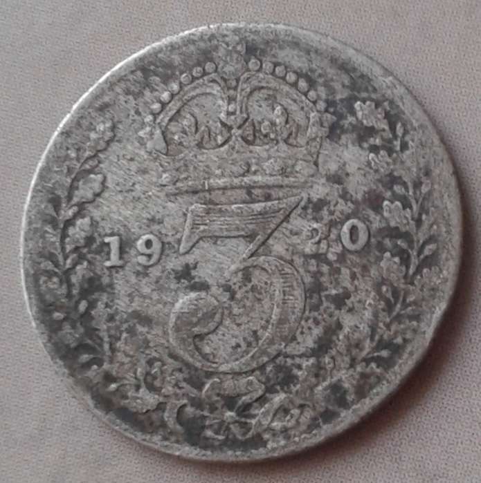 1920 British sterling silver threepence (toned)
