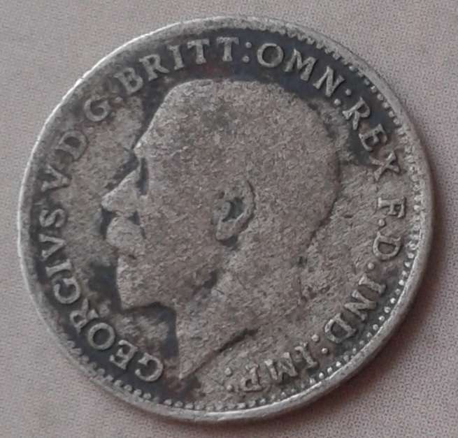1920 British sterling silver threepence (toned)