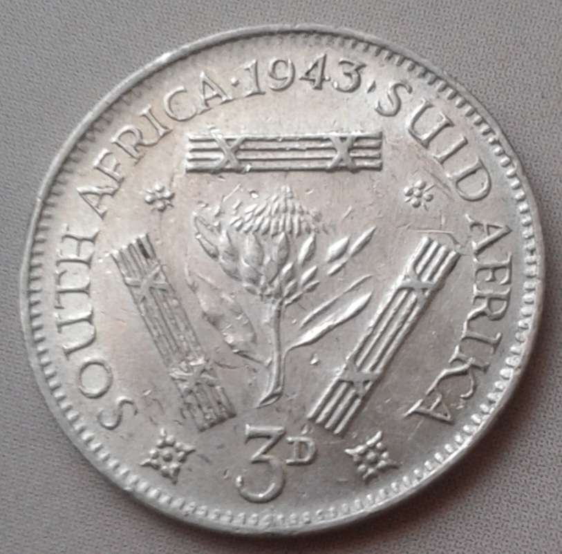 1943 Union silver threepence in XF.