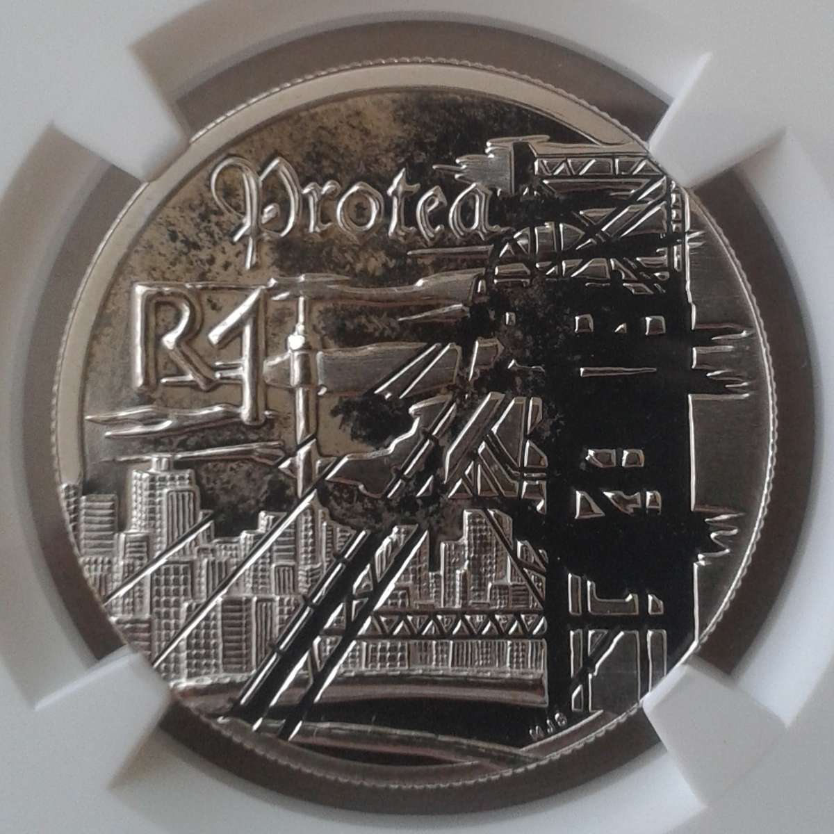 1999 Protea uncirculated Mine Tower silver R1 NGC MS66