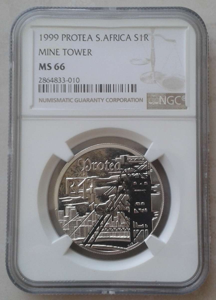 1999 Protea uncirculated Mine Tower silver R1 NGC MS66