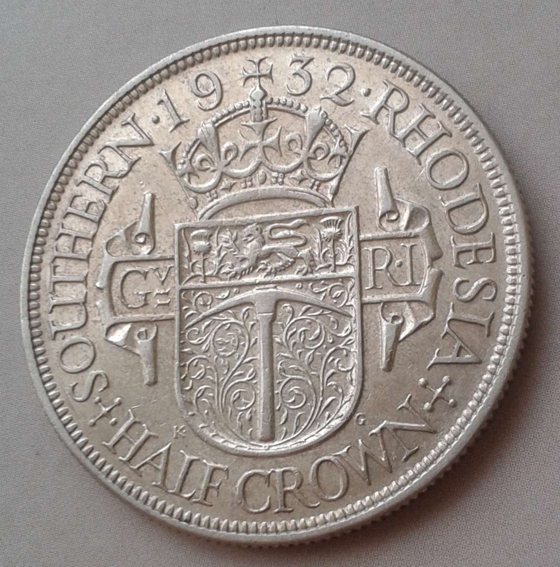 Decent 1932 Southern Rhodesia sterling silver half crown with XF Details (1st silver issue)