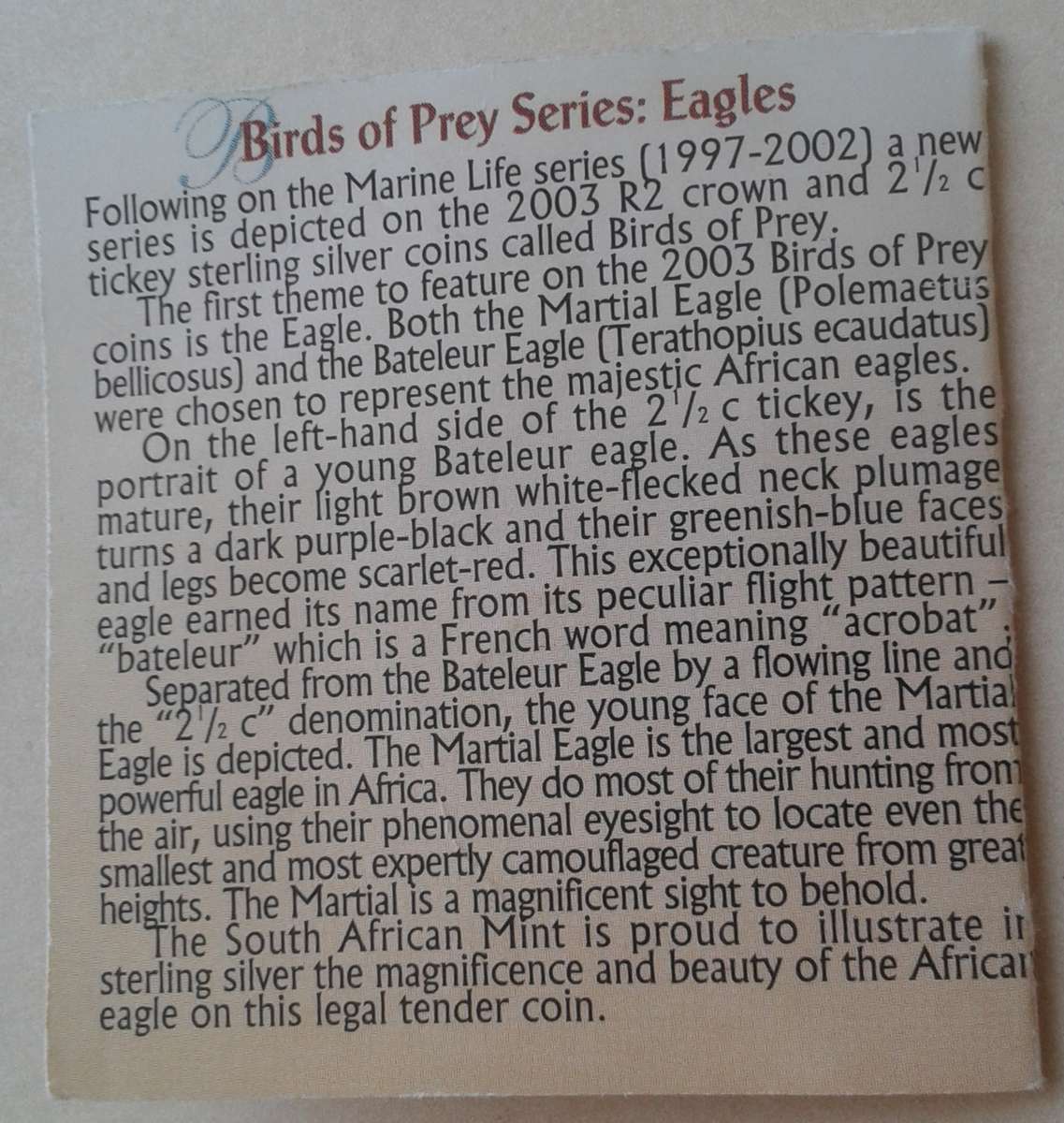 Nice 2003 Eagles proof silver 2 1/2c in S.A Mint bag incl.certificate