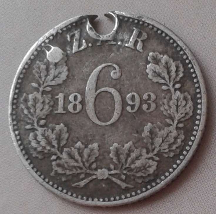 1893 ZAR Kruger silver sixpence (Filler coin/Holed)