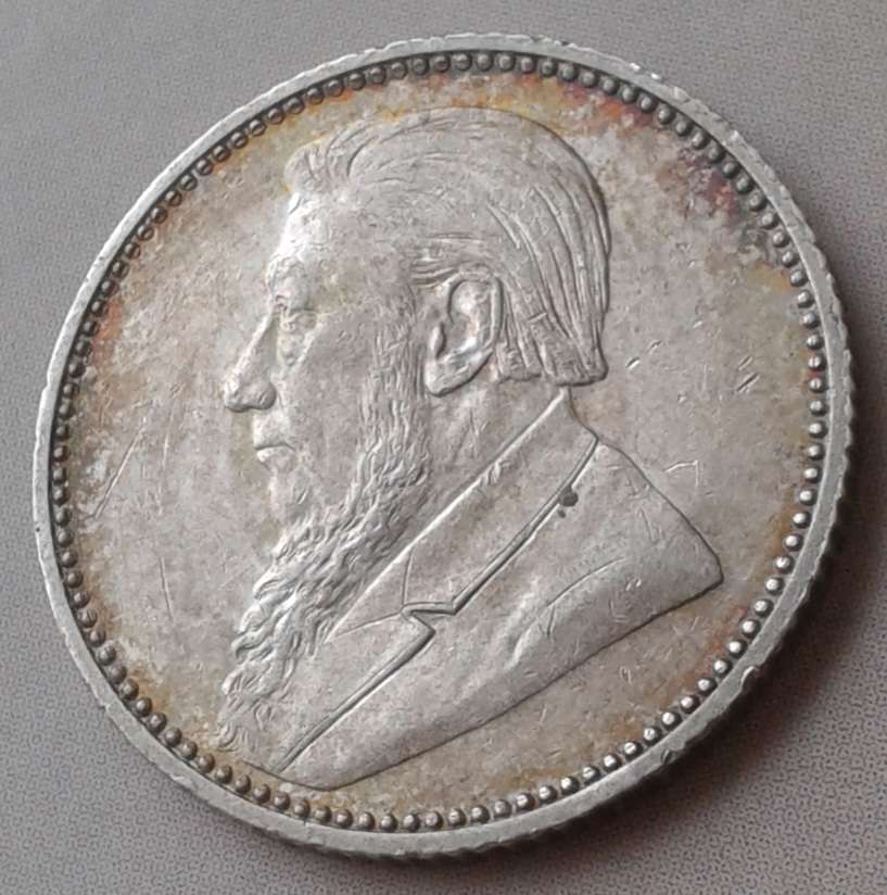 Nice grade 1897 ZAR Kruger silver sixpence with iridescent toning