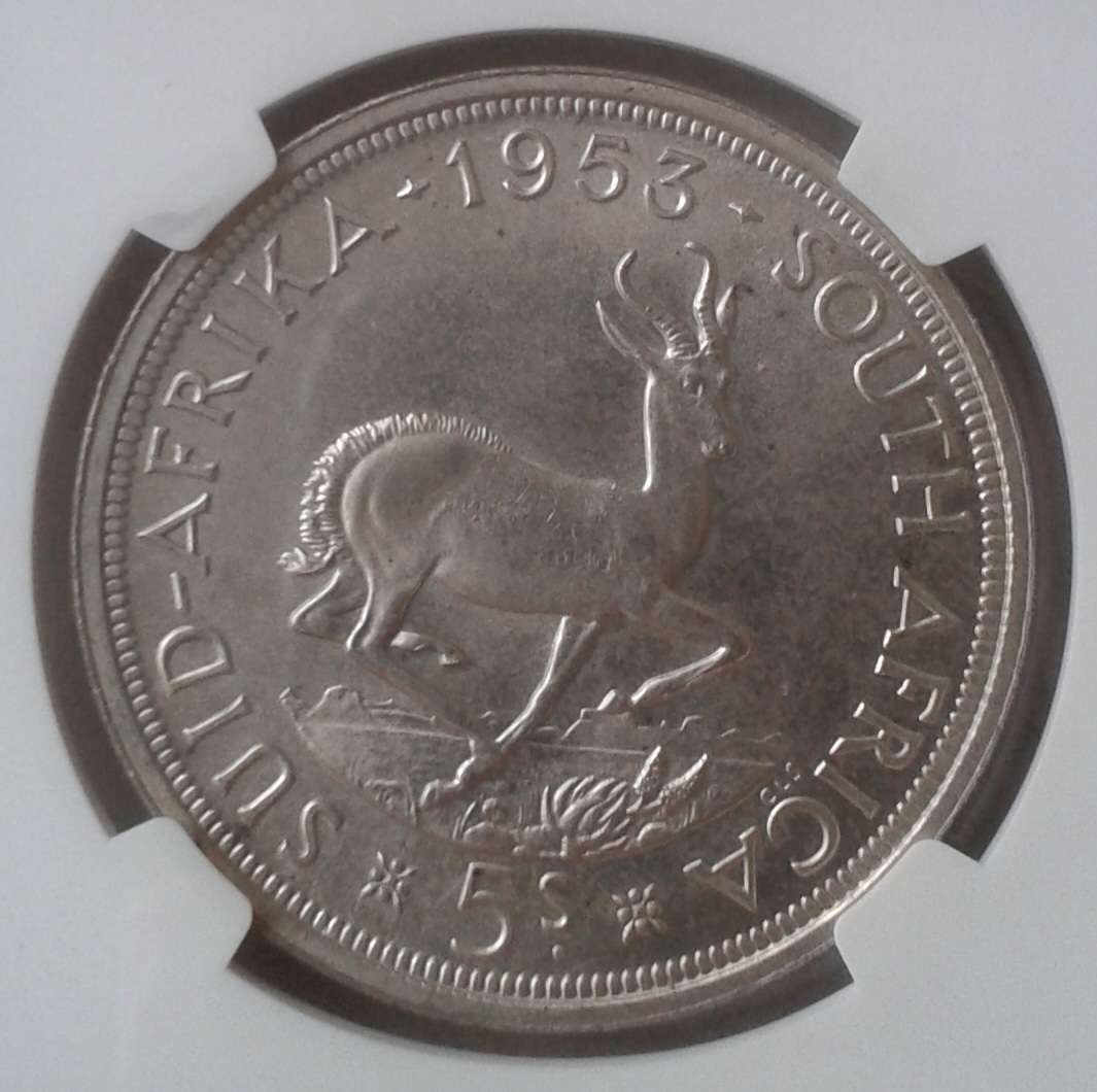 1953 Union silver 5 Shillings NGC graded PL64 (Proof-like)