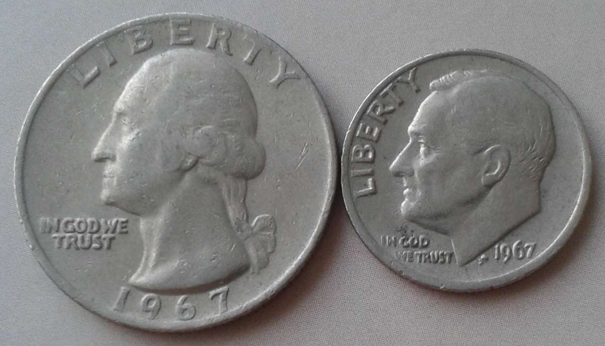 1967 USA Washington quarter and Roosevelt dime set