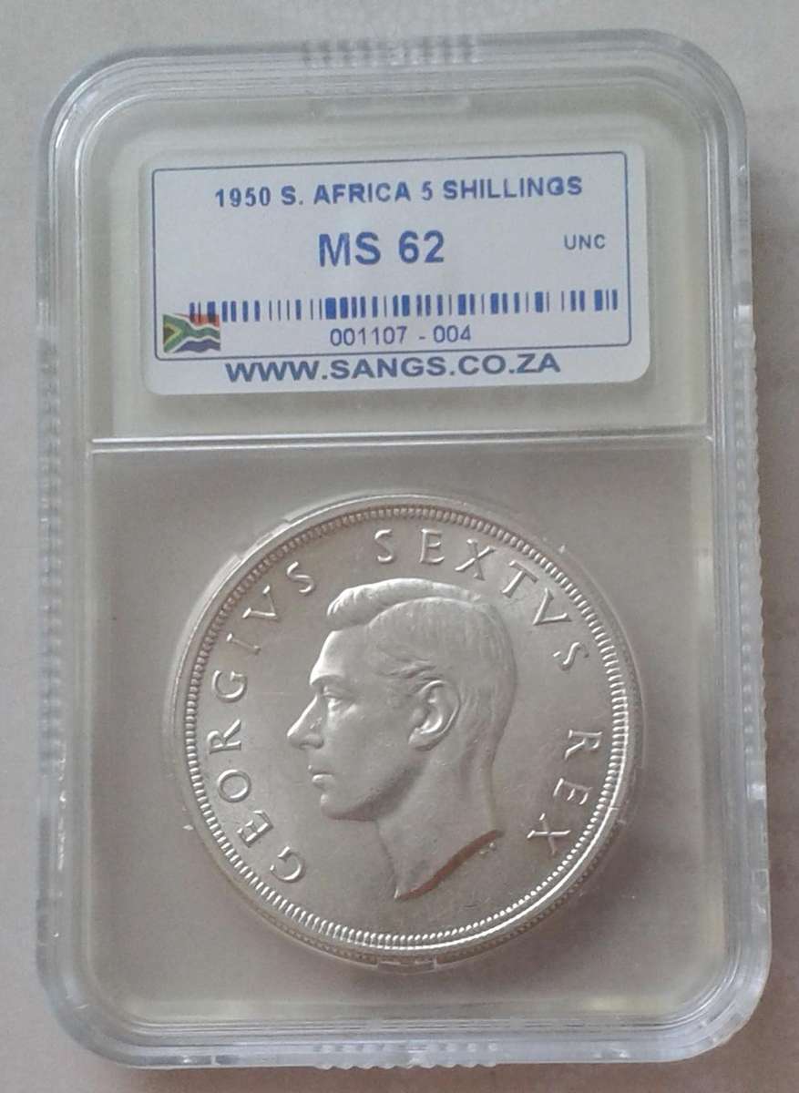 Lower mintage 1950 Union silver 5 Shillings SANGS MS62 with reverse die crack