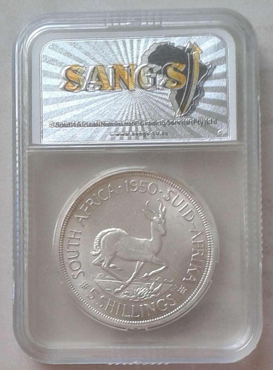 Lower mintage 1950 Union silver 5 Shillings SANGS MS62 with reverse die crack