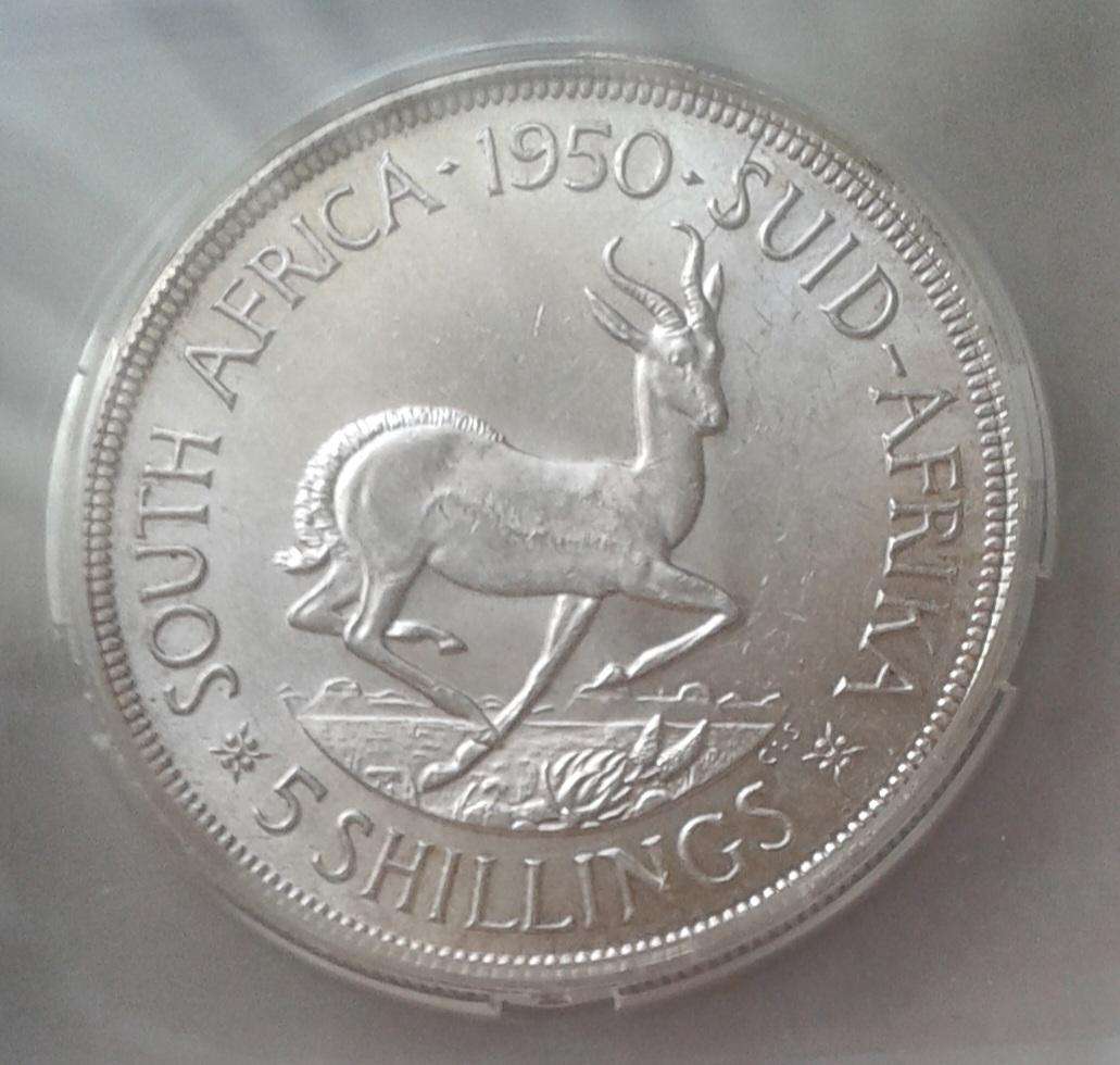 Lower mintage 1950 Union silver 5 Shillings SANGS MS62 with reverse die crack