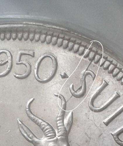 Lower mintage 1950 Union silver 5 Shillings SANGS MS62 with reverse die crack