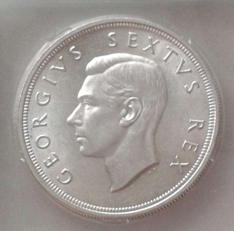 Lower mintage 1950 Union silver 5 Shillings SANGS MS62 with reverse die crack