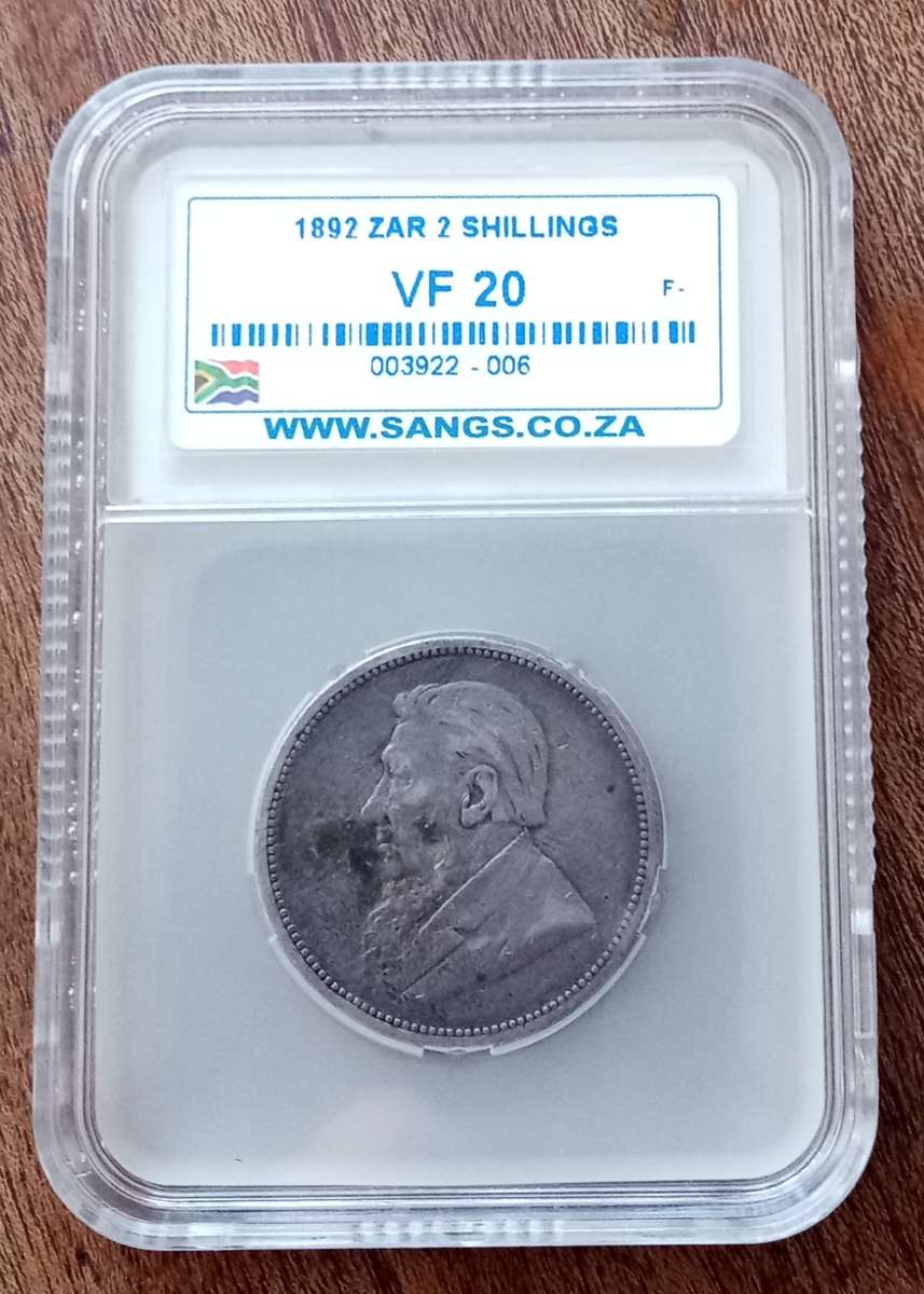 Scarce 1892 ZAR Kruger silver 2 Shillings SANGS VF20