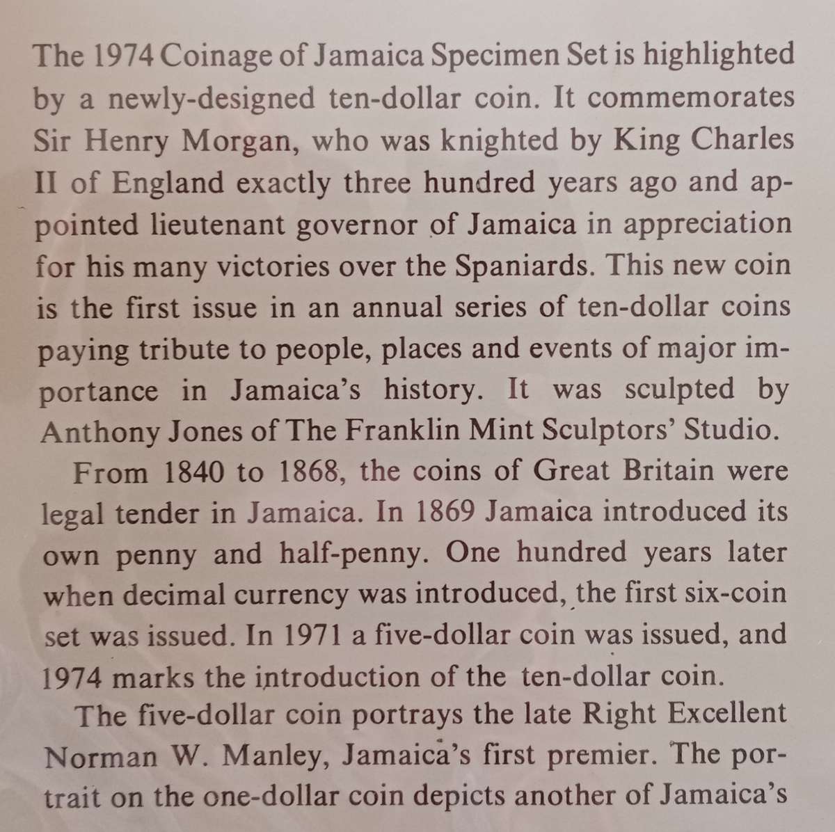 1974 Coins of Jamaica uncirculated 8 coin specimen set in folder