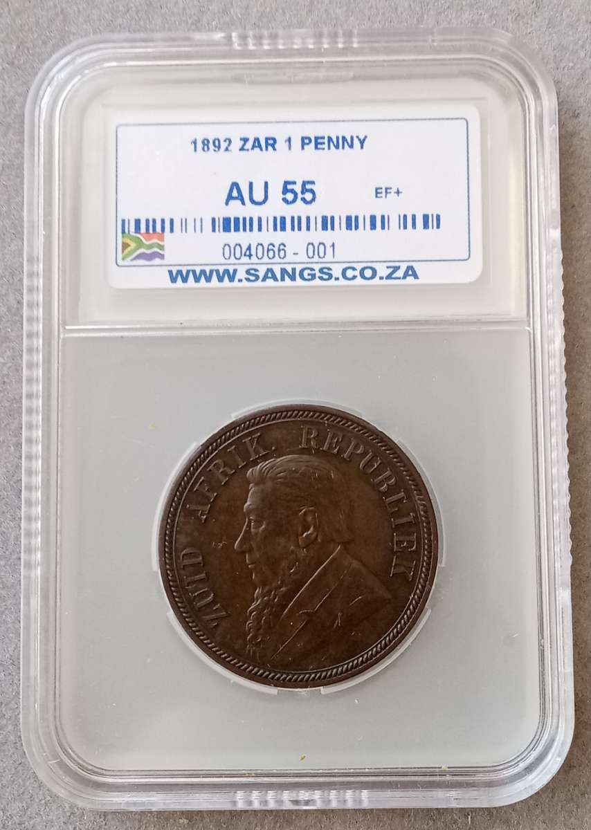 1892 ZAR Kruger Penny SANGS AU55 (High grade)