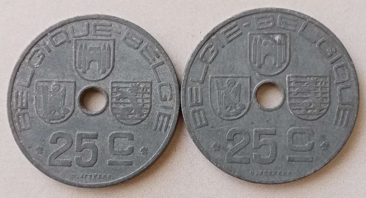 1943 and 1944 Belgium 25 Centimes