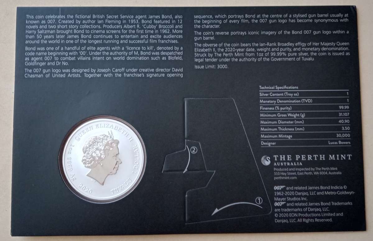 2020 Tuvalu brilliant uncirculated 1oz pure silver dollar (007 James Bond)