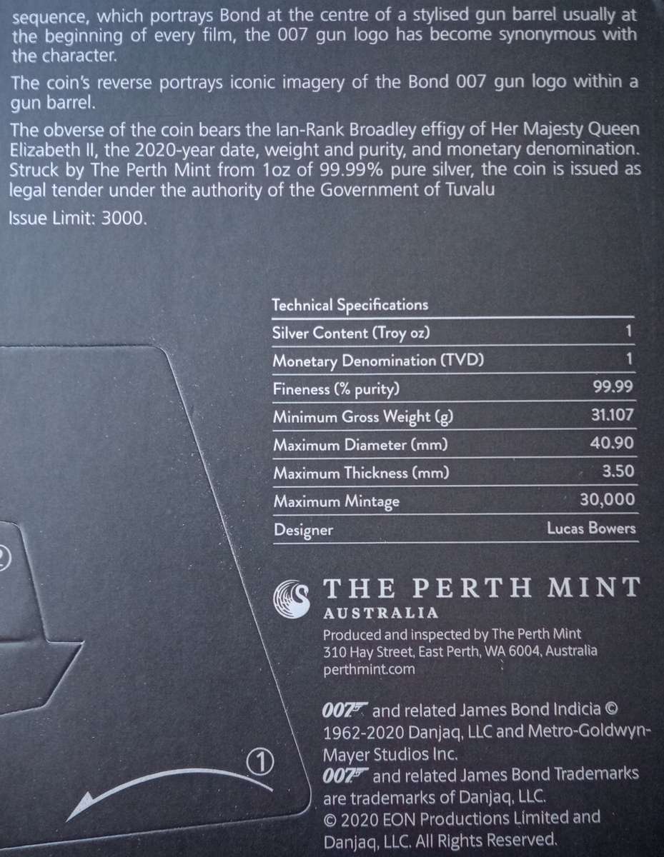 2020 Tuvalu brilliant uncirculated 1oz pure silver dollar (007 James Bond)