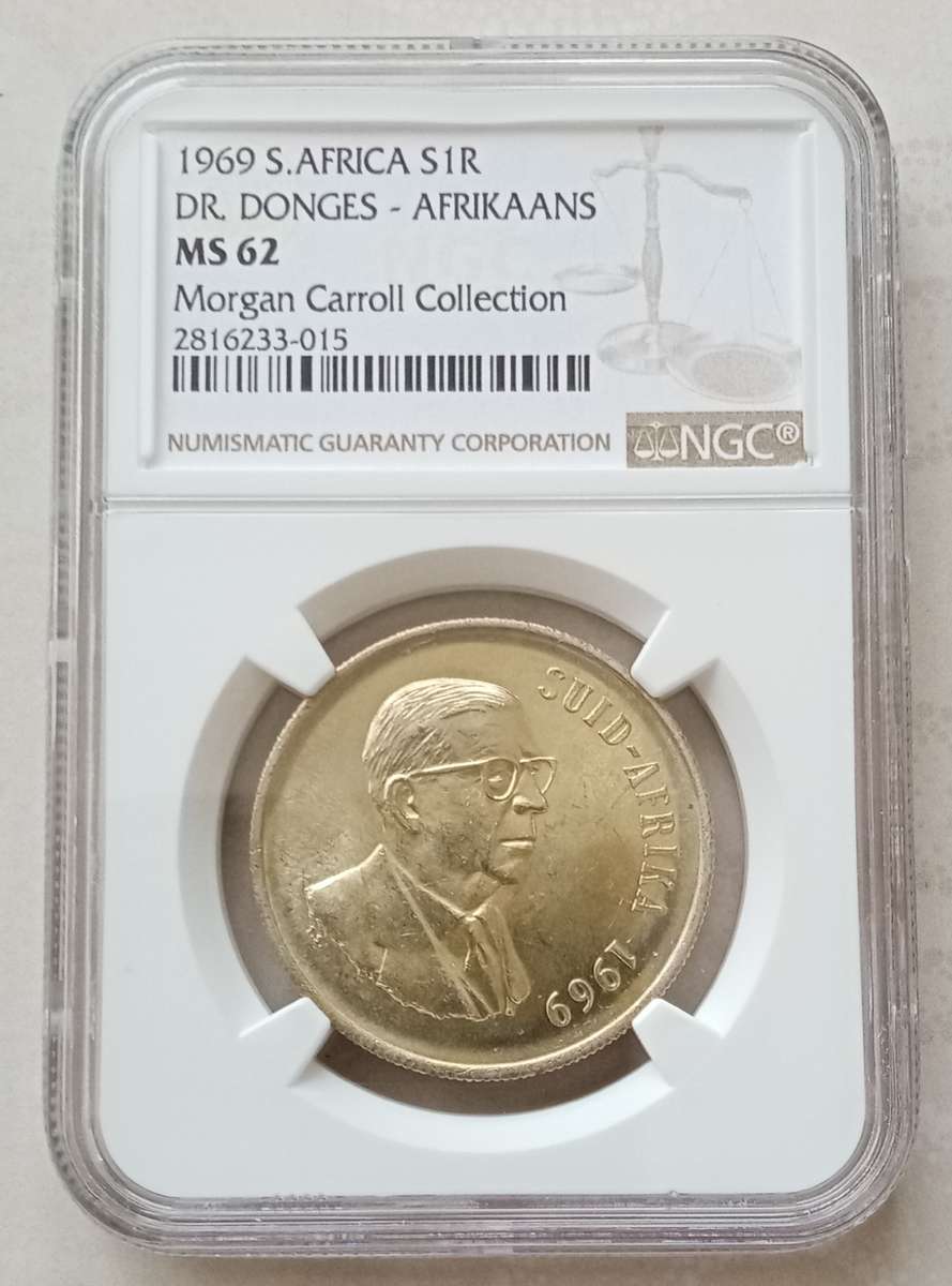 1969 Afrikaans silver R1 NGC MS62 with golden toning