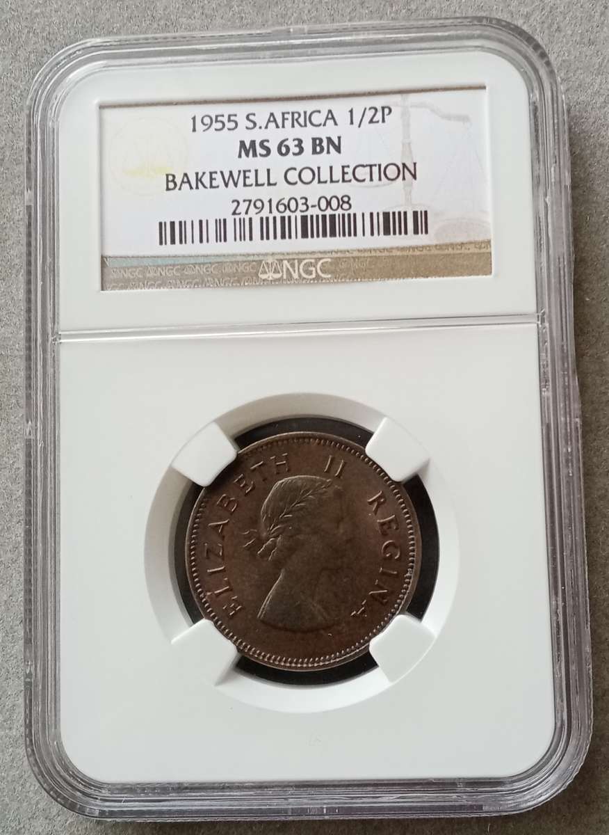 Nice 1955 union 1/2 penny NGC MS63 BN (Bakewell Collection)