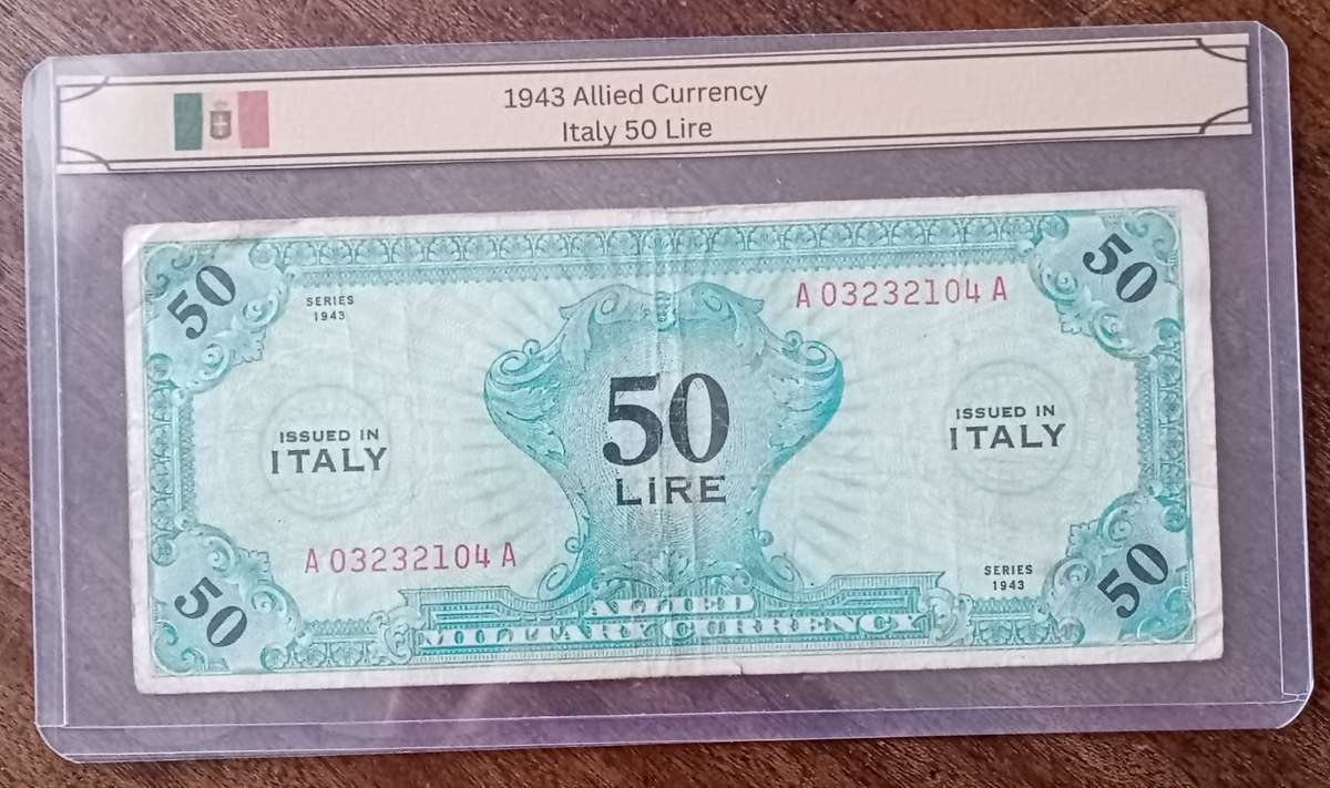 1943 WW2 Italy 50 Lire note in hard plastic sleeve (Allied Military Currency)