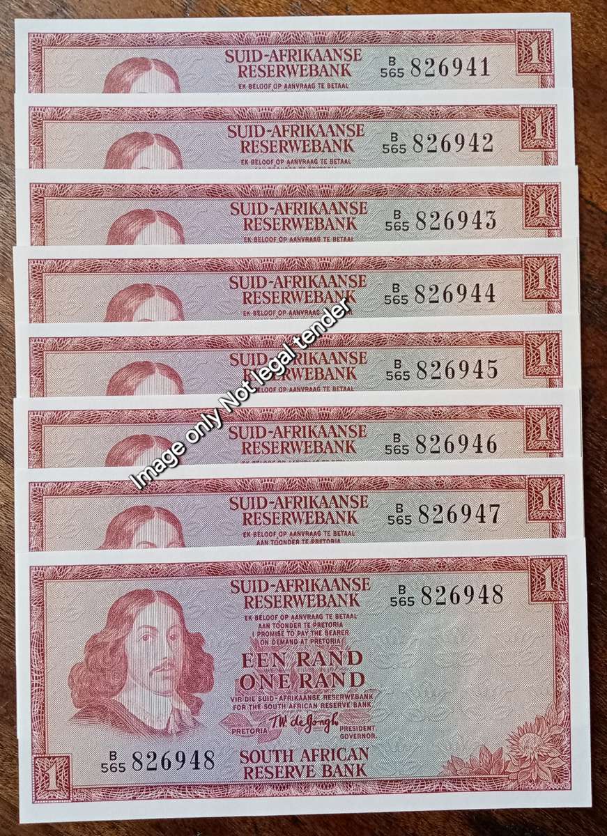 Lot of x8 T.W de Jongh 1975 uncirculated R1 notes in sequence