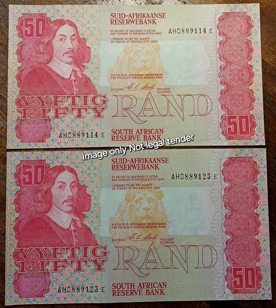 Set of two 1990 CL Stals R50 notes in crisp AU+ with close serials