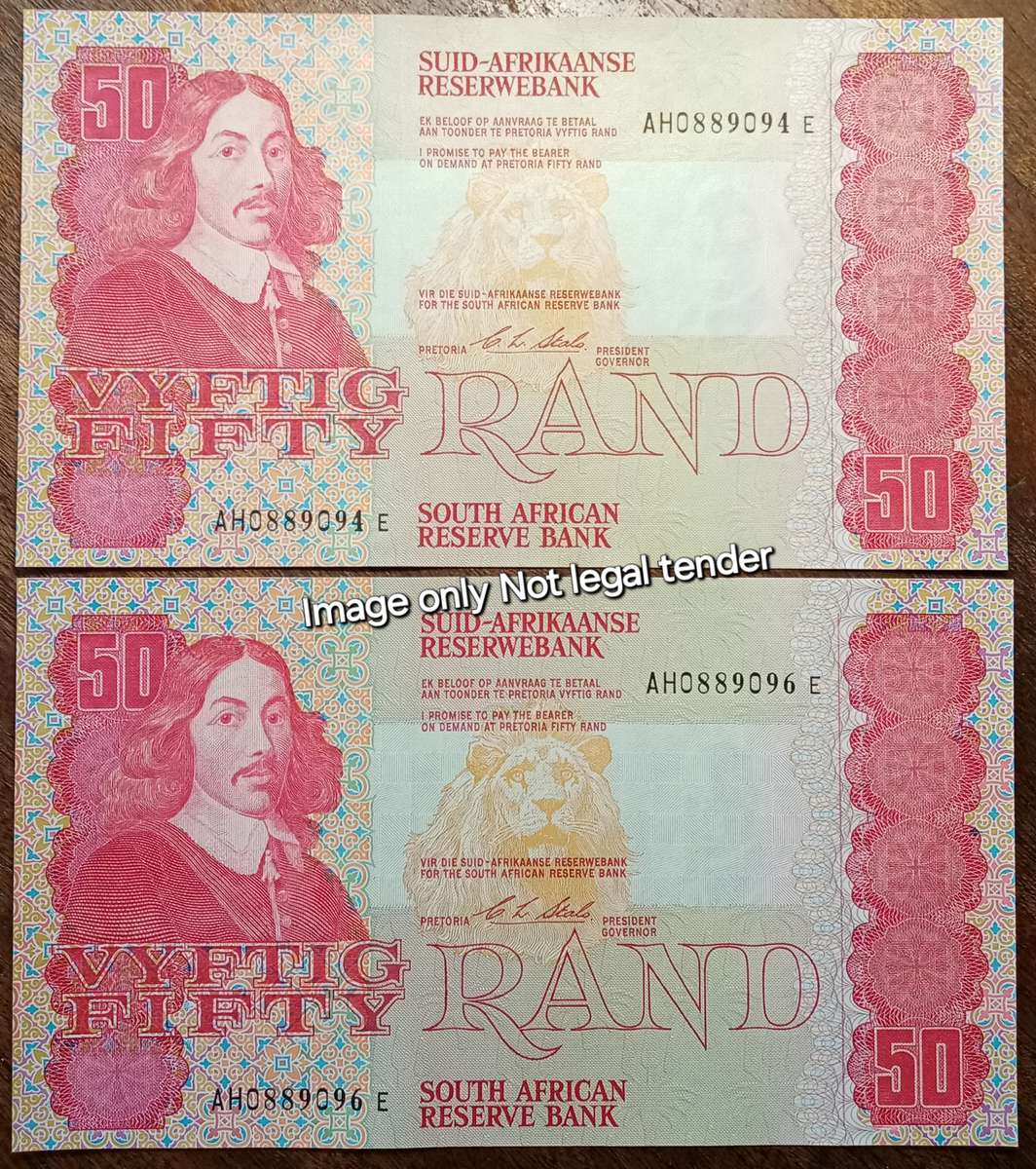 Set of x2 1990 CL Stals R50 notes in crisp AU+ with close serials