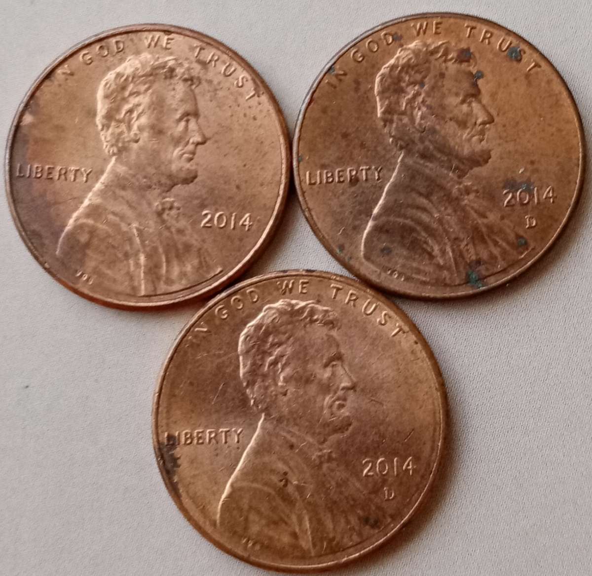Lot of three 2014 Lincoln 1c coins
