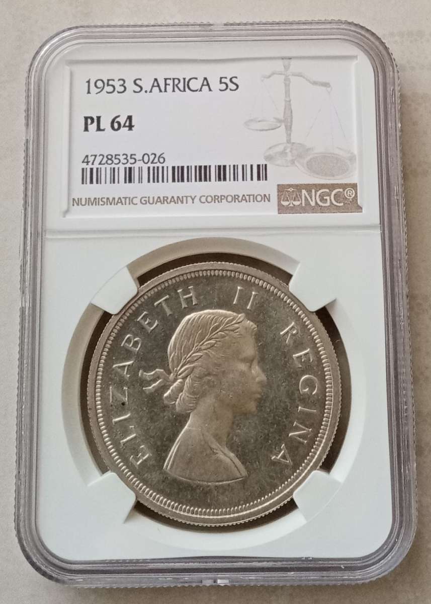 1953 Union silver 5 Shillings NGC graded PL64 (Proof-like)