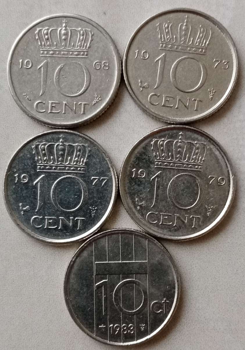 Lot of x5 Netherlands 10c coins (1968-1983)