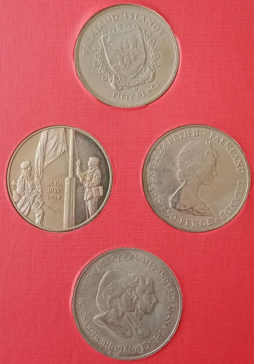 Falkland Islands crown sized set in wallet (Includes 3 coins and a proof medal)