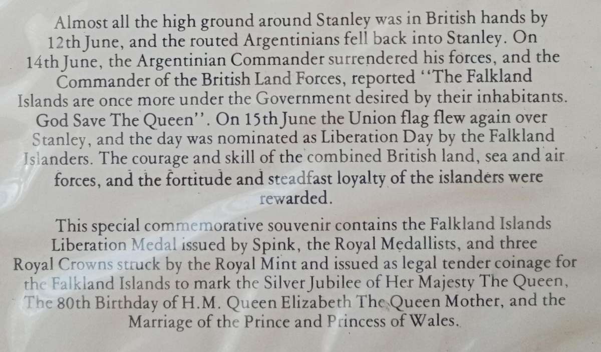 Falkland Islands crown sized set in wallet (Includes 3 coins and a proof medal)