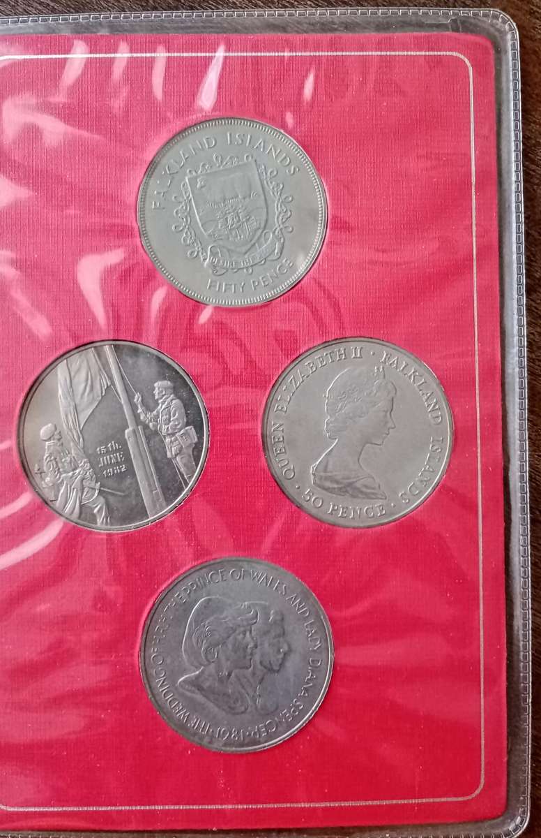 Falkland Islands crown sized set in wallet (Includes 3 coins and a proof medal)